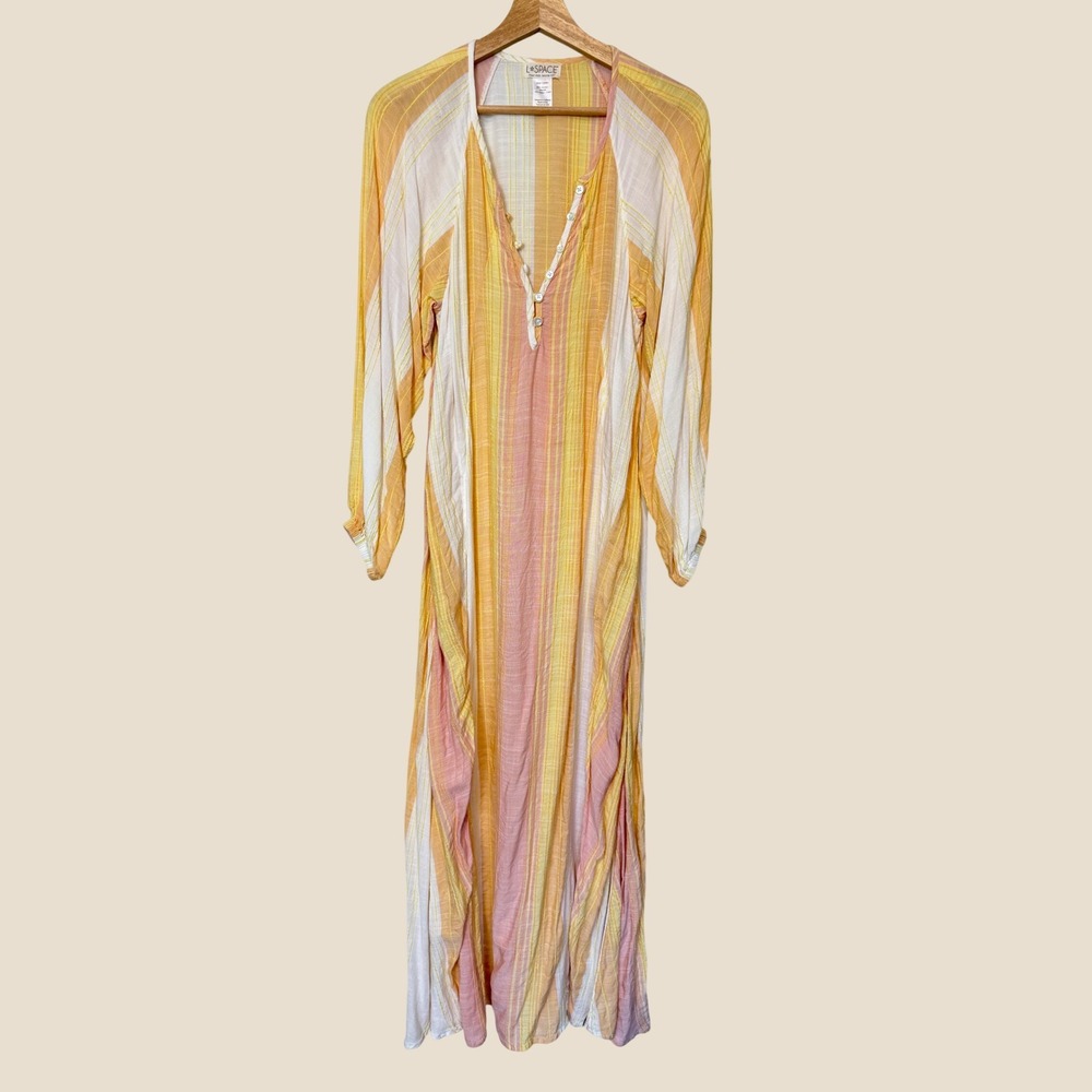 L*Space Striped Maxi Dress Beach Cover Up XS Yellow Pink Long Sleeve Beachwear